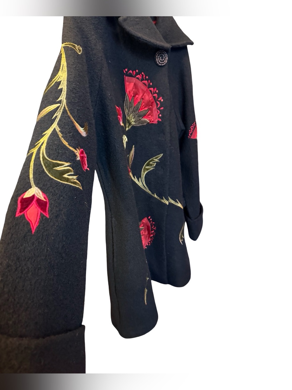 Gorgeous Statement Floral Embroidered Covelo Art Wear Black Wool Coat 🌹 Sz L - Picture 6 of 16
